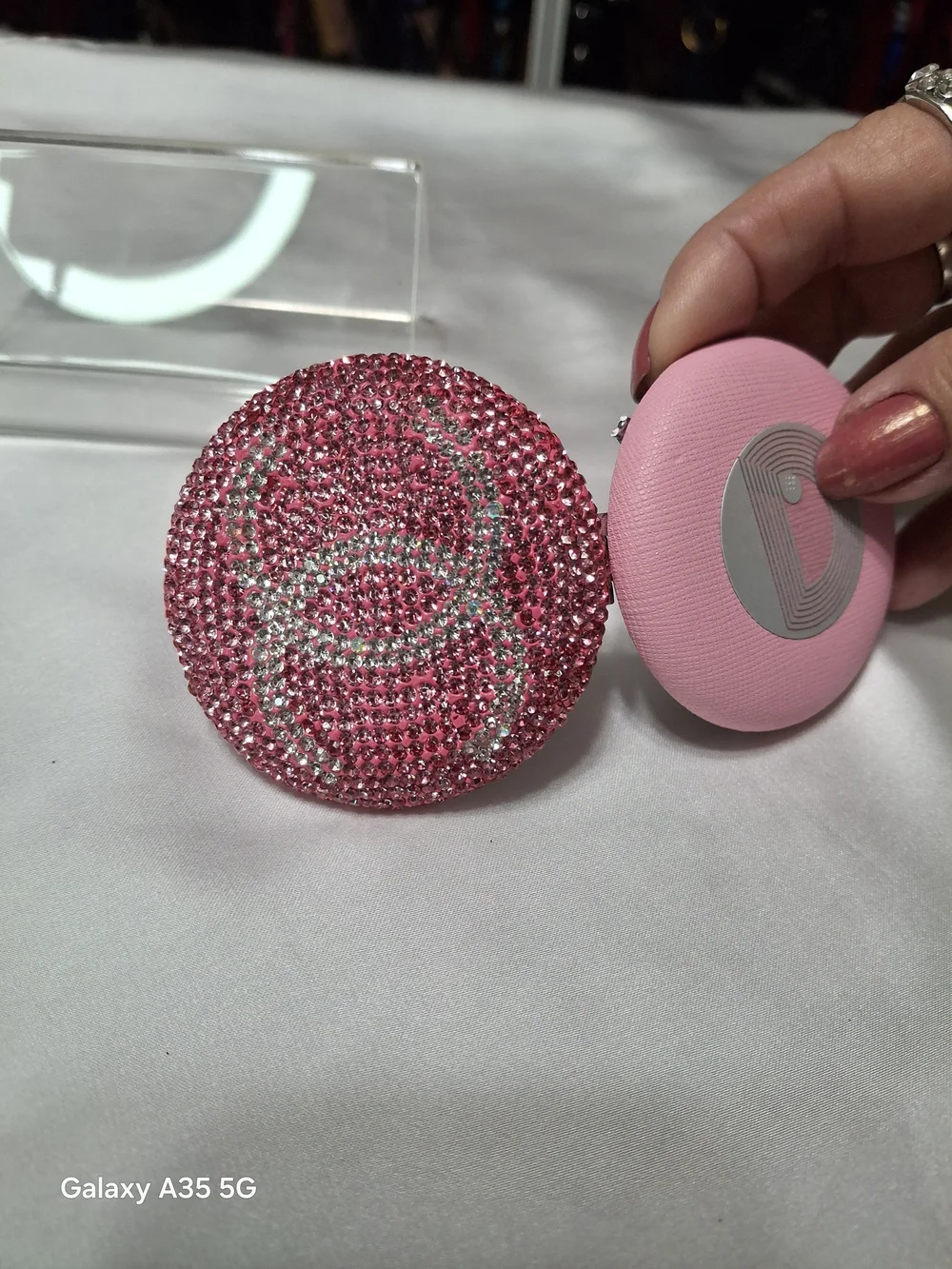 Luxury Inspired Pink Rhinestone Round Accent Interlocking Compact Mirror Logo